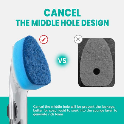 Heavy Duty Dishwand with Refills, Dish Wand Replacement Sponge Heads with Handle, Soap Control Dispenser Leak-Free Scrub, Non-Scratch Advanced Scrubber Brush Pads for Cleaning Dishes Sink Washing Tool