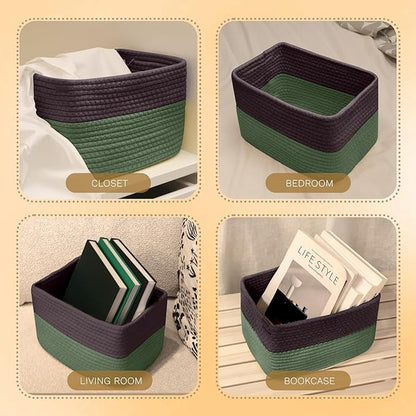 Hopegiver Woven Storage Baskets 11x8x7 Inch, 3 Pack Collapsible Cube Storage Bin for Shelves - Foldable Cotton Rope Organizer Bins for Towels, Toys, Books, Closet, Nursery (Brown Green)