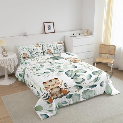 Erosebridal Kids Cute Animal Toddler Comforter Set for Girls Boys Cartoon Tiger Bedding Set, Spring Eucalyptus Bedding Comforter Sets Leaves Duvet Set, Kawaii Jungle Animal Quilted Comforter