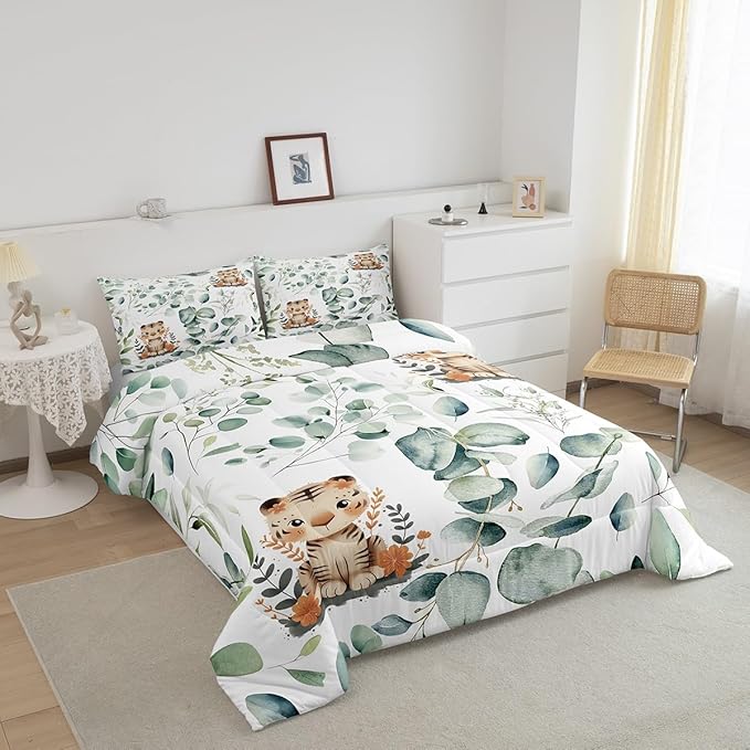 Erosebridal Kids Cute Animal Full Bedding Sets for Girls Boys Cartoon Tiger Comforter Set, Spring Eucalyptus Bedding Comforter Sets Watercolor Leaves Duvet Insert, Kawaii Jungle Animal Down Comforter
