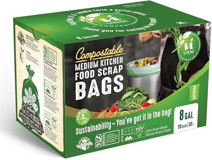 UNNI Compostable Trash Bags, 8 Gallon / 30 Liter, 200 Count Value Pack, Extra Thick 0.85 mil Medium Kitchen Food Scrap Bin Liners, BPI, CMA & OK compost HOME Certified (Meets ASTM D6400)