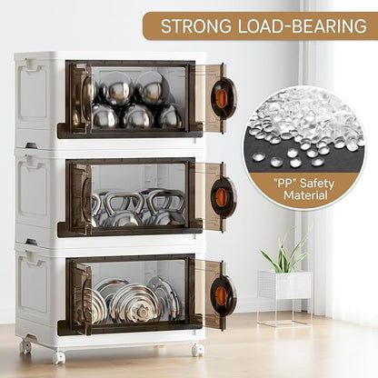 JEKO&JEKO 332Qt Lockable Stackable Storage Bins with Lids, Collapsible Closet Organizer with Wheels, Plastic Cabinet Drawer for Clothes, Dorm Room 4 Pack (White)