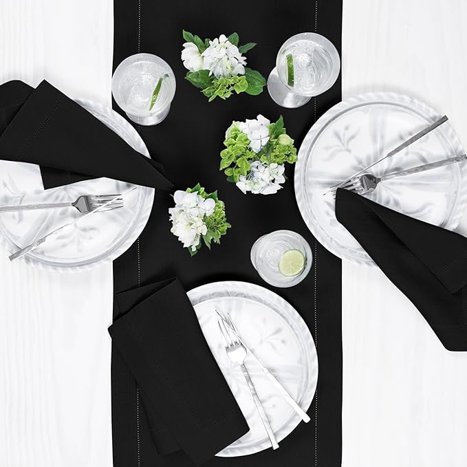 Solino Home Linen Black Table Runner 90 Inches Long - 100% Pure Linen Hemstitch 14 x 90 Inch Table Runner for Dining, Holiday, Christmas, New Year - Classic Hemstitch