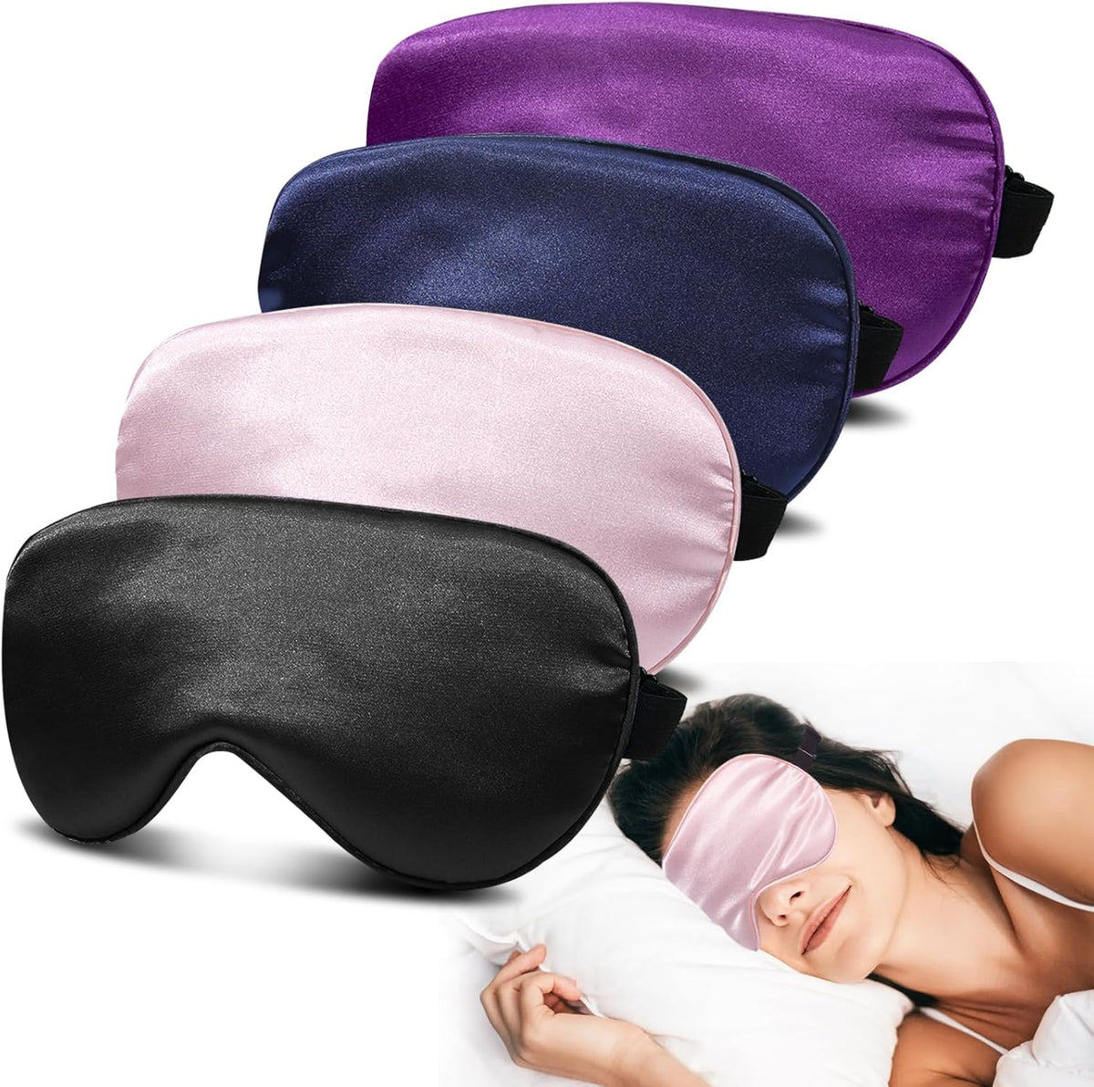4 Pack Silk Sleep Mask - 100% Blackout, Zero Eye Pressure, Blindfold with Adjustable Strap, Super Soft Travel Eye Covers (Black, Pink, Blue, Purple)