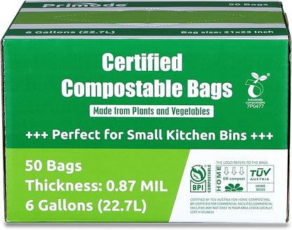Primode Compostable Bags 6 Gallon Food Scraps Yard Waste Bags, 50 Count, Extra Thick 0.87 Mil. ASTMD6400 Compost Bags Small Kitchen Trash Bags, Certified By BPI And TÜV AUSTRIA