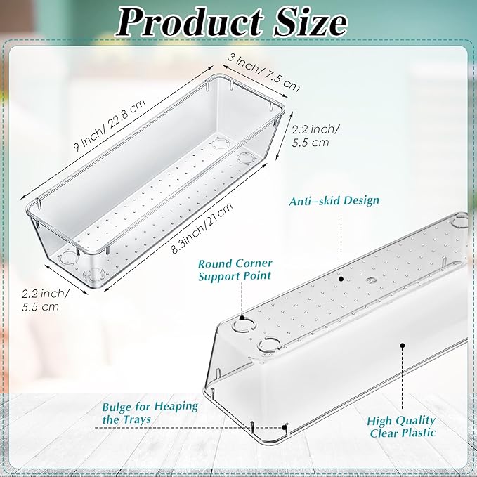 Maitys 12 Pcs Vanity Drawer Organizer 9 x 3 x 2 Inches Clear Plastic Utensil Organizers Kitchen Drawers Dividers for Office Desk Silverware Kitchen Utensils Cosmetics and Bathrooms(Clear)