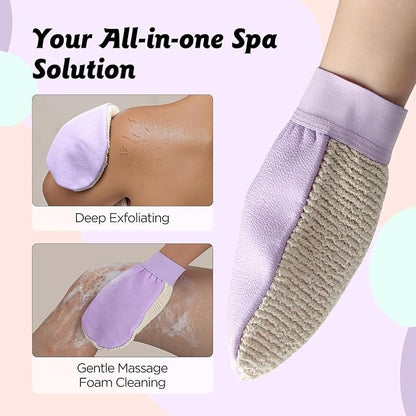 LOTTA Dual-Sided Exfoliating Gloves - Natural Viscose & Sisal for Deep Body Scrub & Massage - Gentle for Sensitive Skin - Replaces Loofah (Purple-Medium)