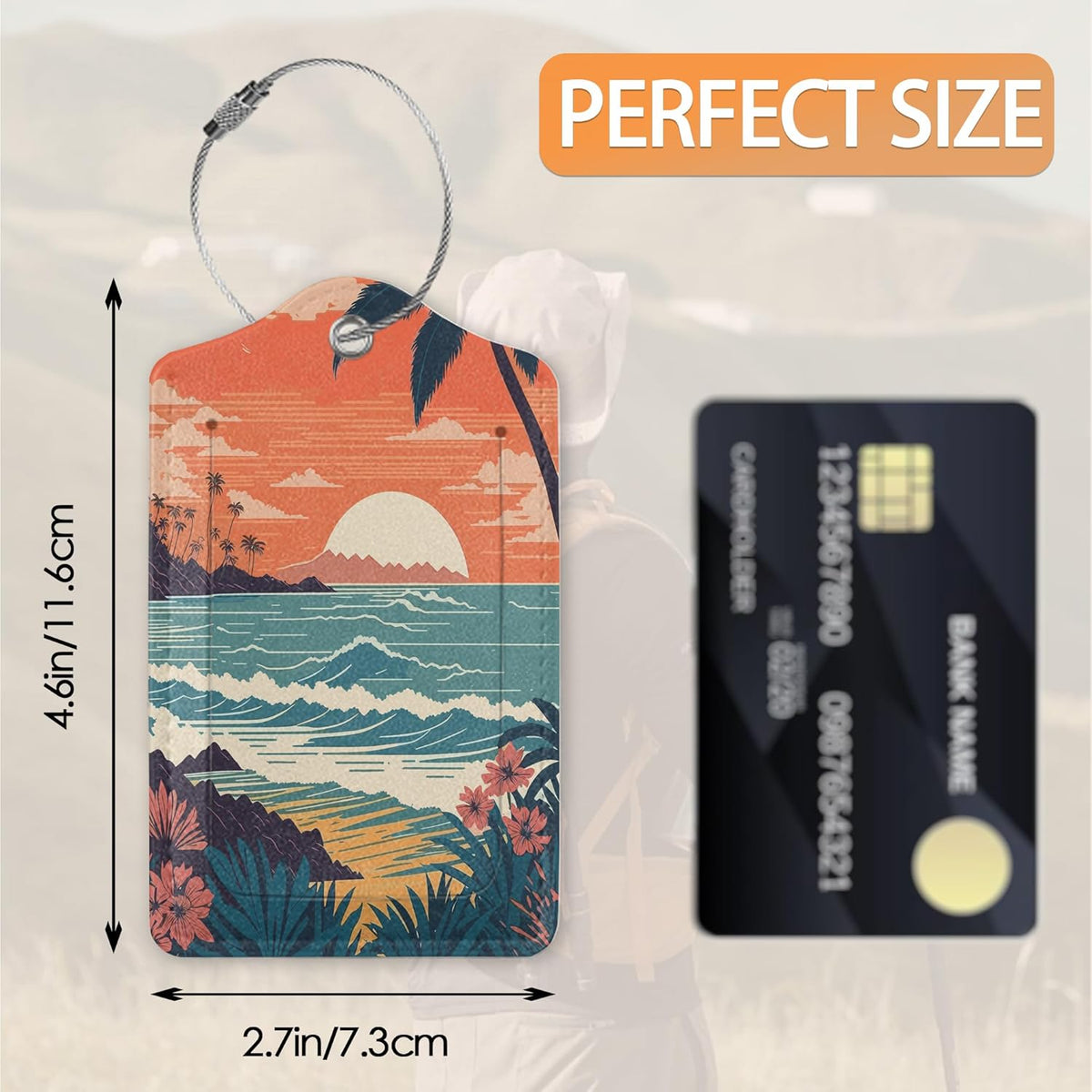 2 Pcs Luggage Tags for Suitcase,Tropical Palm Ocean Landscape Vintage Luggage Tag Name Id Labels with Privacy Cover for Travel Backpack Women Men