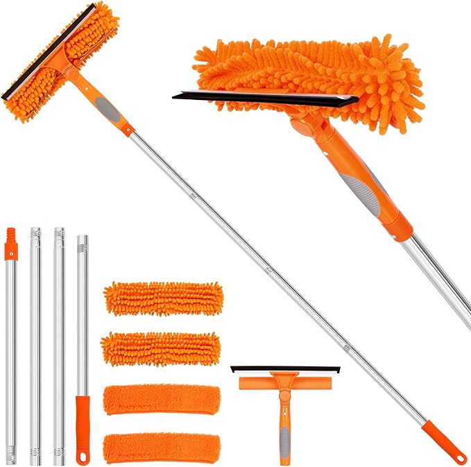 Professional 72'' Window Squeegee Cleaning Washing Tool/Kit with Extension Pole, 3 in 1 Squeegee for Window Cleaning Kit for High Window with 1 Rotatable Head 4 Interchangeable Scrubber