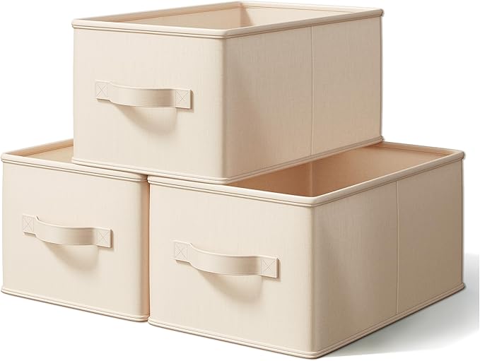 Storage Bins, Fabric Satin Storage Baskets for Shelves, 14.75"L*10.25"W*8.25"H Collapsible Storage Bins with Handles for clothes, Closet Baskets and Bins with Handles, Blush Pink, 3-Pack
