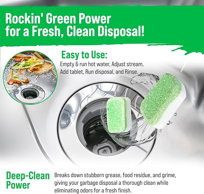 Rockin' Green Deep Cleaning and Deodorizing Tablets for Dishwashers, Washing Machines, and Garbage Disposals, Removes Odor and Residue (Garbage Disposal Cleaning Tablets, 8 Pack)