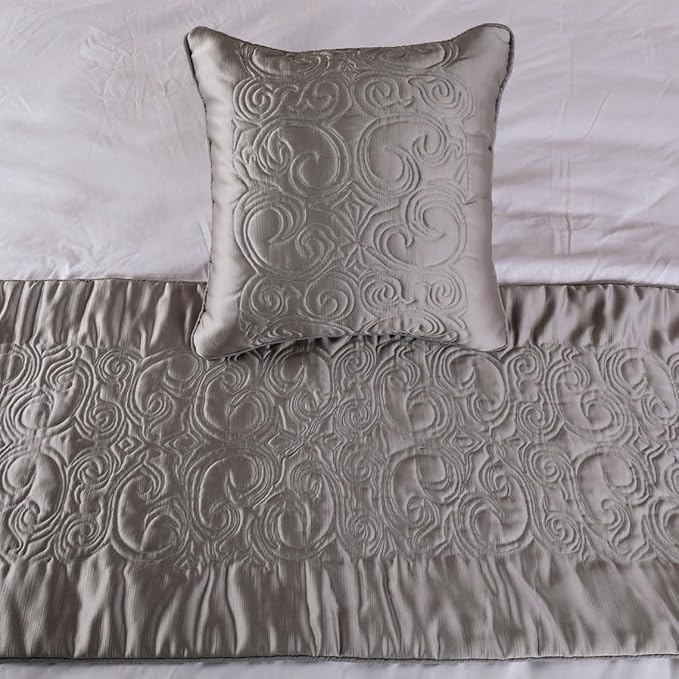 The HomeCentric Decorative Silver CA King 86 x 18 inch Bed Runner with Pillow Cover, Satin Quilted Bed Scarf, Abstract Modern - Silver Soft