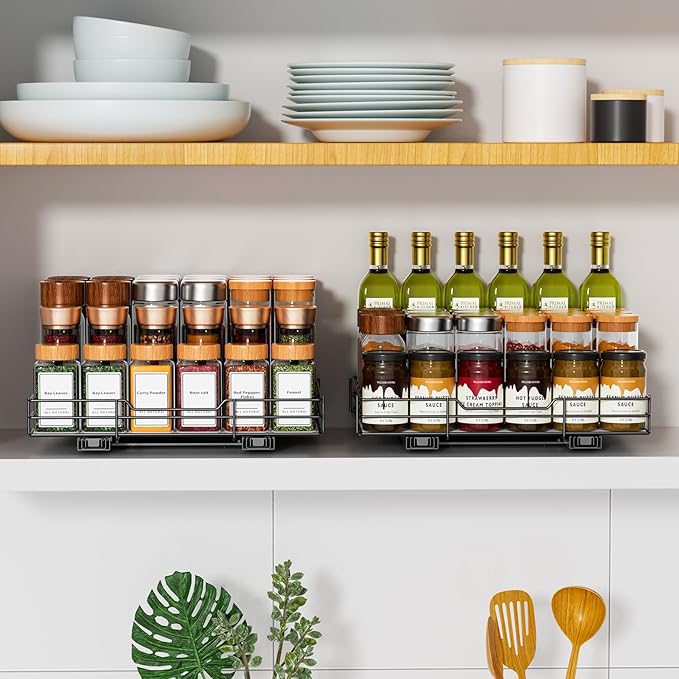 RCHYFEED Pull Out Spice Rack Organizer for Cabinet,Slide out Spice Organization for Inside Cabinets,Heavy Duty Seasoning Organizer Fits Kitchen and Pantry,Sauces,Canned (12.5''Wx10.5''Dx2.5''H)