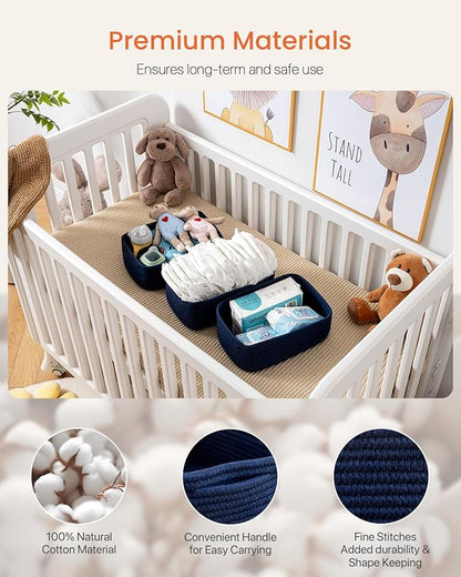 Small Woven Basket, 12 x 8 x 4.5 Inches, Storage Basket for Organizing, Cute Small Rope Shelf Closet Cube Storage Bins Baskets for Shelves, Dog Toy Gift Baskets Empty, 3 Packs, Navy Blue