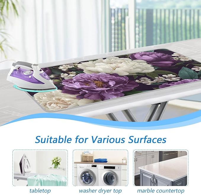 Rose Floral Purple and White Ironing Mat for Table top Portable Ironing Pad Blanket for Washer Dryer Countertop Travel