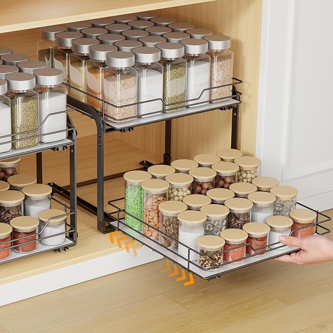 Spice Rack Organizer for Cabinet, 2 Tier Pull Out Spice Rack – Heavy Duty Metal Spice Organization for Cabinet, 50-Jar Capacity, Height Adjustable Cabinet Organizer (11.5W" X 10.5"D X 9"H, Black)