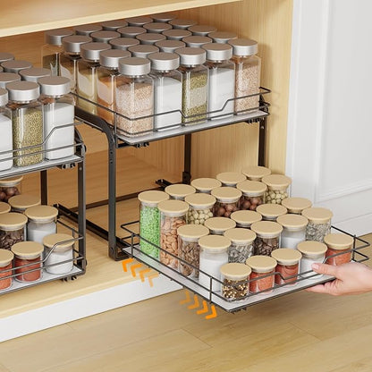 Spice Rack Organizer for Cabinet, 2 Tier Pull Out Spice Rack – Heavy Duty Metal Spice Organization for Cabinet, 50-Jar Capacity, Height Adjustable Cabinet Organizer (11.5W" X 10.5"D X 9"H, Black)