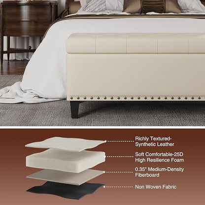 Storage Ottoman Bench, 51-Inch Large Storage Bench for Bedroom End of Bed, 30 Gallons Faux Leather Bench for Bedroom, Living Room, Entryway, Hallway, Cream White