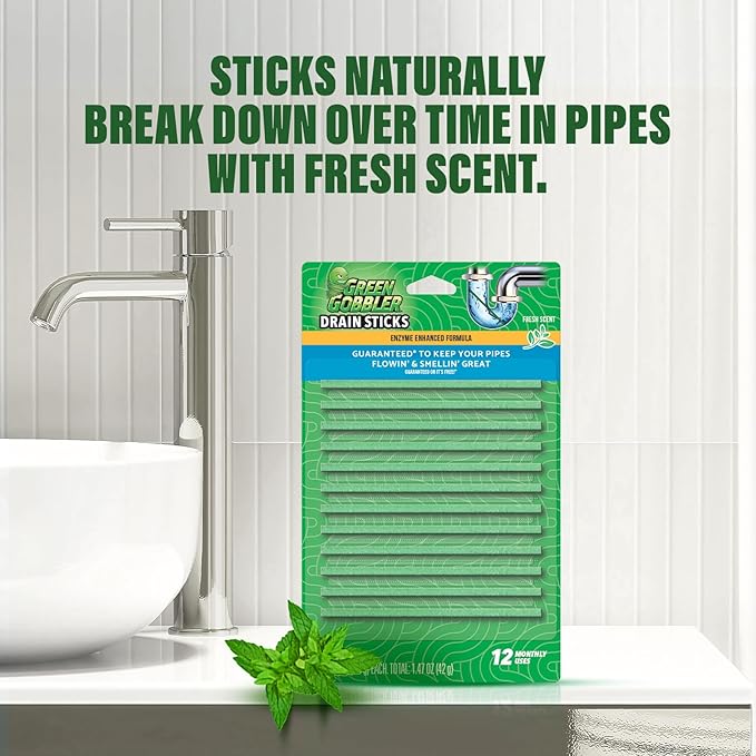 Green Gobbler Drain Cleaner & Deodorizer FRESH SCENT Sticks for Toilet Tanks, Sinks, Bathtub Drains, Washing Machine Drains and Garbage Disposals - 24 Pieces