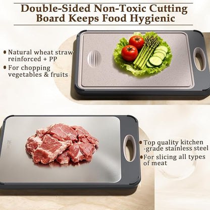 GUANCI Cutting Board for Kitchen, Stainless Steel Cutting Board Double Sided for Chopping Meat/Vegetables, Stainless Steel/Wheat Straw PP, Kitchen Gifts Easy to Clean Large 16”×11”