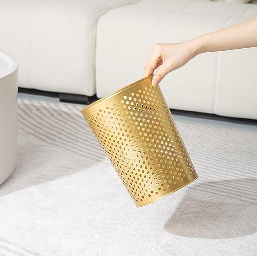 Small Gold Metal Trash Can Wastebasket, Decorative Hollow-Out Garbage Can Waste Paper Bin, Modern Farmhouse Round Trash Bin for Bathroom, Bedroom, Kitchen and Office (Dots)