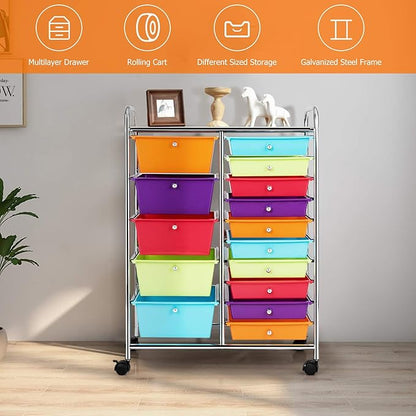 GOFLAME 15-Drawer Rolling Storage Cart, Multipurpose Movable Organizer, Utility Cart for Home, Office, School, Multicolored
