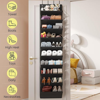 Over the Door Shoe Organizer for Closet, Shoes Rack with 10 Tier PVC Window Deep Pockets, Hanging Shoe Organizers for Boot Storage, Behind the Door Narrow Shoe Holder for Small Shoes, Black