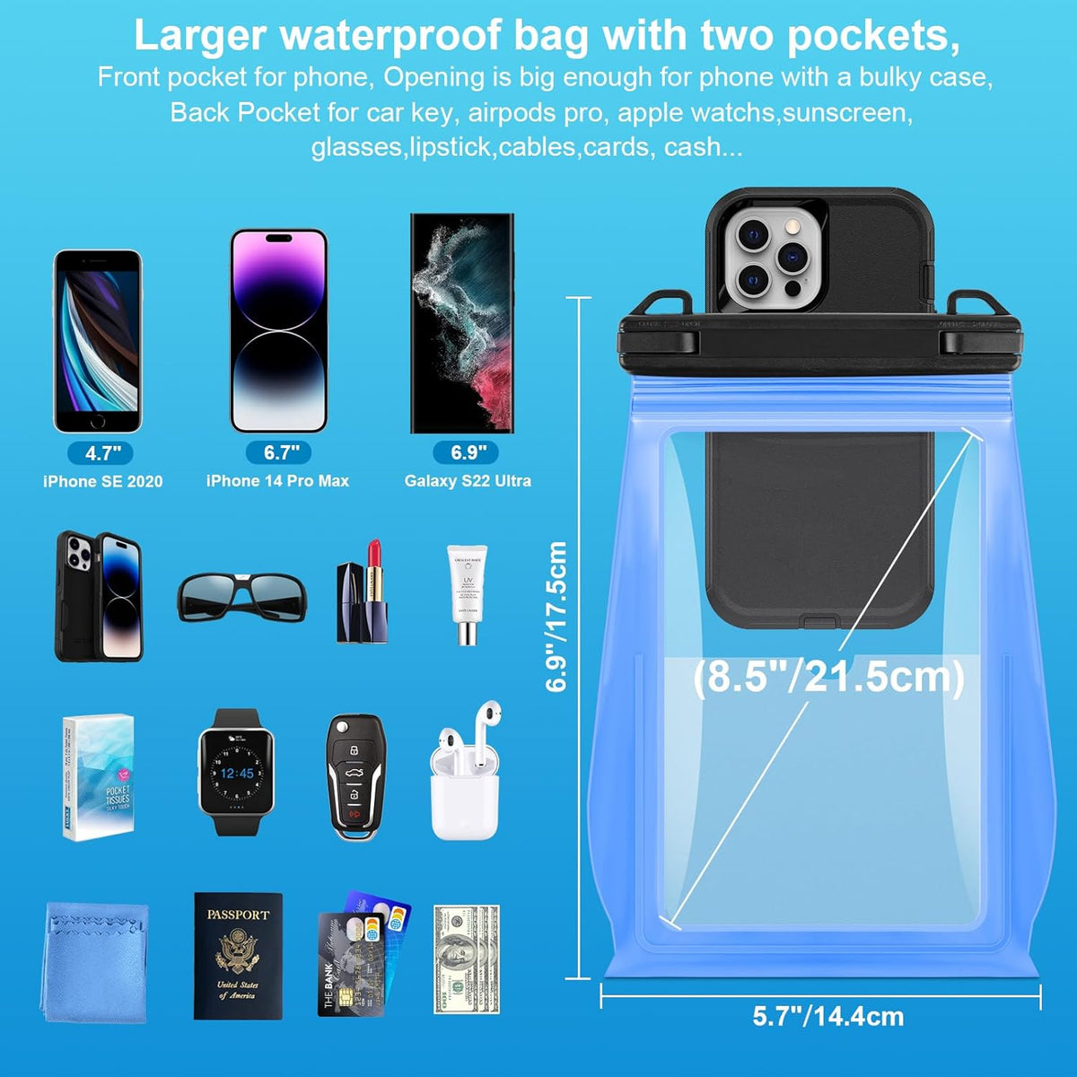 Large Waterproof Phone Pouch Floating, Waterproof Phone Case for iPhone 14 15 Pro Max 13 Plus 12 11 Samsung S23 Ultra S22 up to 8.5'', IPX8 Water Proof Phone Dry Bag for Swimming Kayaking Vacation