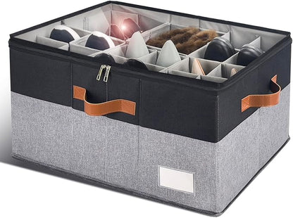 Shoe Organizer for Closet, Foldable Shoe Storage Bins with Clear Cover, Space Saving Shoes Holder with 4 Handles, Large Adjustable Shoe Box Storage Containers, Fits 12-24 Pairs, 1 Pack, Black