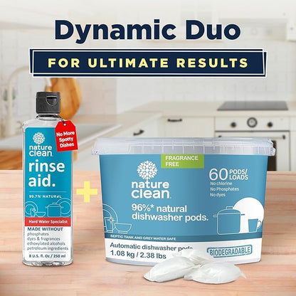 All Natural Dishwasher Rinse Aid Cleaner, Liquid Dishwasher Rinse Agent for Spot-Free Glass & Cutlery in Hard Water, Non Toxic Dish Washer Rinse Aid & Stain Remover, 8 oz/250ml, Pack of 12