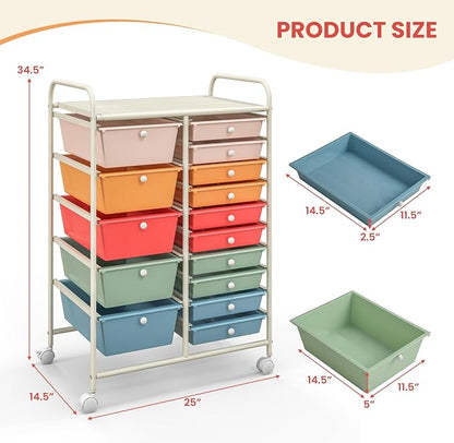 GOFLAME 15-Drawer Rolling Storage Cart, Multipurpose Movable Organizer, Utility Cart for Home, Office, School, Macaron Color