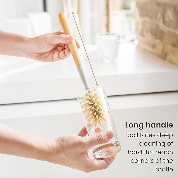 Vigar Zeroline 13.9" Long Bamboo Dish Brush, Ideal Dish Brush for Cups, Wine Glass, Tumbler, Blender Bottles, and Glass Water Bottles for The Kitchen