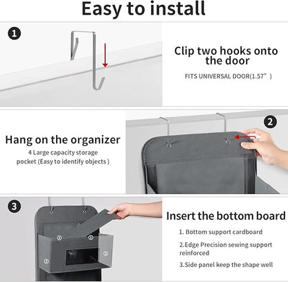 5-Shelf Over The Door Hanging Organizer with 2 Metal Hooks，5 Pocket Over The Door Wall Mount Storage with Clear Windows for Baby Nursery Bathroom Closet,Bedroom,Dorm (Gray-2 Pack)