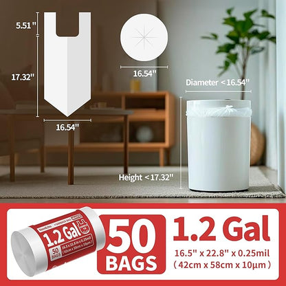 Small Trash Bags with Handles 1.2 Gallon 50 Count White - Ocean Plastic Upcycling - Plastic Garbage Bags, Can Bin & Waste Basket Liner for Kitchen, Bathroom, Office and Pets