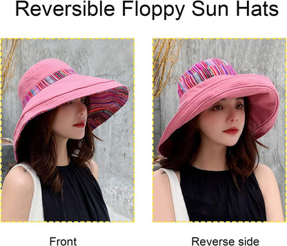 Women Wide Brim Sun Hats Metal Wired Edge Summer UV Protection Beach Fishing Hat for Hiking Garden Travel Chin Strap