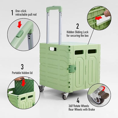 Folding Utility Cart Portable Rolling Crate Handcart Foldable Shopping Trolley Collapsible, with Lid, on Wheels, for Grocery, Garden, Office, Storage, Teacher, Tool (Green)