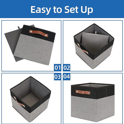 Temary 11 x 11 Cube Storage Bins Fabric Storage Cubes for Shelf, Closet, 4 Pack Cube Basket for Clothes, Storage Cube Bins with Leather Handles(Black&Grey)