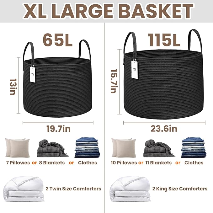Woven Blanket Basket,115L Large Rope Storage Bin with Handles, Organizer for Blankets Toys Book and Clothes, Laundry Basket for Living Room Bedroom Nursery,Black