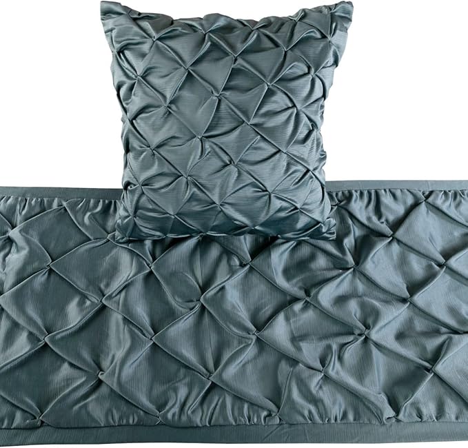 The HomeCentric Decorative Blue Twin 53 x 18 inch Bed Runner with 2 Matching Pillow Cover, Satin Pintucks Bed Scarf, Solid Color Modern - Satin Nights