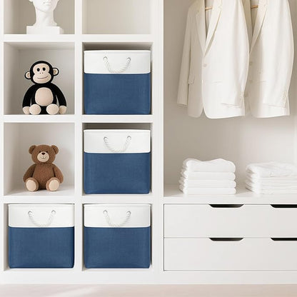 13x13 Inch Cube Storage Bins with Reinforced Bottom Cardboard, 6 Pack Large Collapsible Fabric Storage Cubes with Handles for Shelf, Closet, Toy, Laundry Organization (White&Navy Blue)