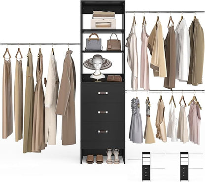 96'' Closet Organizer System with 3 Hanging Rods (Without 3 Storage Shelves), 8FT Closet Systems, Wall Mount Bedroom Wardrobe with 3 Wood Drawers, Adjustable Garment Rack from 5 to 8FT, Black