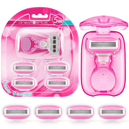 DreamGenius Travel Razors for Women Include 1 Handle and 5 Cartridges, Extra Smooth 5-Blade Travel Essentials Razor with Case for Shaving, Pink