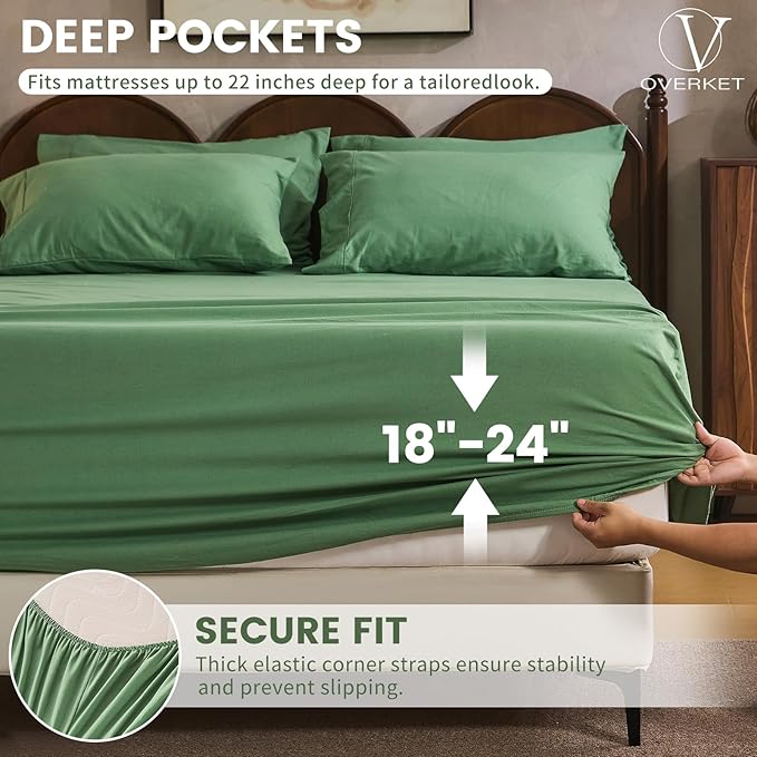 100% Linen Sheet Set Queen Size Extra Deep Pocket Fits 18-24 Inch Mattress, Breathable & Soft, Smooth 6-Piece Set for Thick Mattresses Hotel Luxury Bedding（Queen, Sage Green）