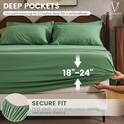 100% Linen Sheet Set Queen Size Extra Deep Pocket Fits 18-24 Inch Mattress, Breathable & Soft, Smooth 6-Piece Set for Thick Mattresses Hotel Luxury Bedding（Queen, Sage Green）