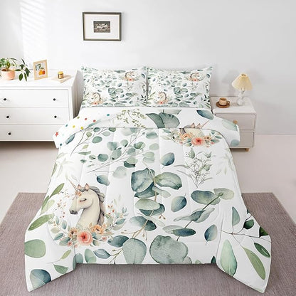 Erosebridal Kids Cute Animal Queen Comforter Set for Girls Boys Cartoon Unicorn Bedding Set Queen, Spring Eucalyptus Bedding Comforter Sets Floral Duvet Set, Kawaii Magical Animal Quilted Comforter