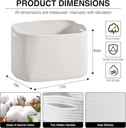 Woven Cotton Rope Storage Basket for Organizing, Cute Decorative Baskets for Gifts Empty, Organizer Bins for Dog Toy, Baby Laundry, 17“×13”×9.5“, Off White