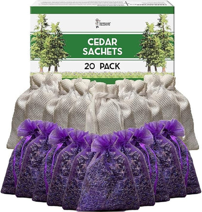 Cedar Chips and Lavender Sachets (20 Pack) - Stop Clothes Damage - Cedar and Lavendar Home Fragrance Sachets for Drawers and Closets