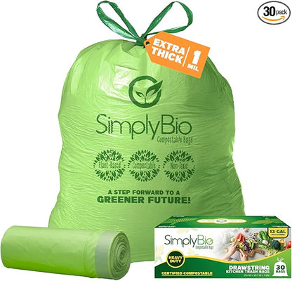 Simply Bio 13 Gallon Compostable Trash Bags Liners Drawstring, Heavy Duty Extra Thick 1 Mil, 49.21 Liter, 30 Bags, Tall Kitchen Food Scrap Waste Bag, ASTM D6400, US BPI and OK Compost Home Certified