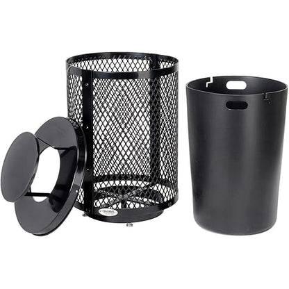 Global Industrial Outdoor Diamond Steel Trash Can with Rain Bonnet Lid, Raised Base and Plastic Liner, 36 Gallon Capacity, Black, Thermoplastic Coating, 23-1/2" Diameter, 43-1/2"H