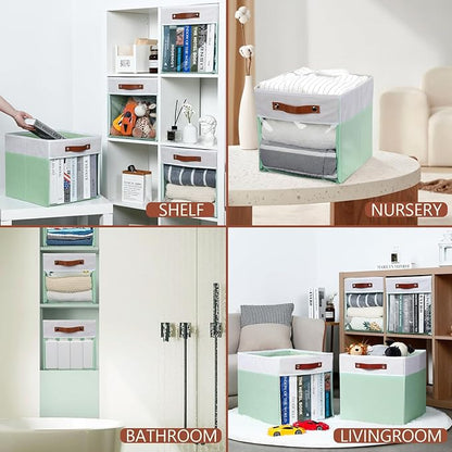 HNZIGE Clear Storage Cubes Bins 11 x 11, Fabric Storage Cube Bins for Storage Organizer,Shelf Storage Bin for Organizing, Cubby Foldable Cube Organizer Bin for Storage Blanket Home(White Green 6PCS)